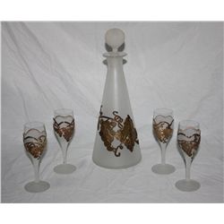 Hand Made Frosted glass with molten bronze decanter with 4 cordials glasses. Made in Romania.