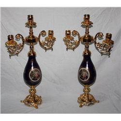"Set of 2 Handpainted porcelain and gold plated bronze candelabras. Limoges style. 19""x11""