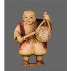 19th Century Ivory Netsuke, Man with Gong   (Size:  See