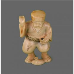 Early 1900's Ivory Netsuke, Man with Smoking Pipe