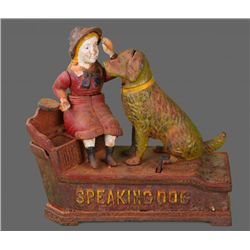 Speaking Dog Mechanical Bank - Red Dress Cast Iron.