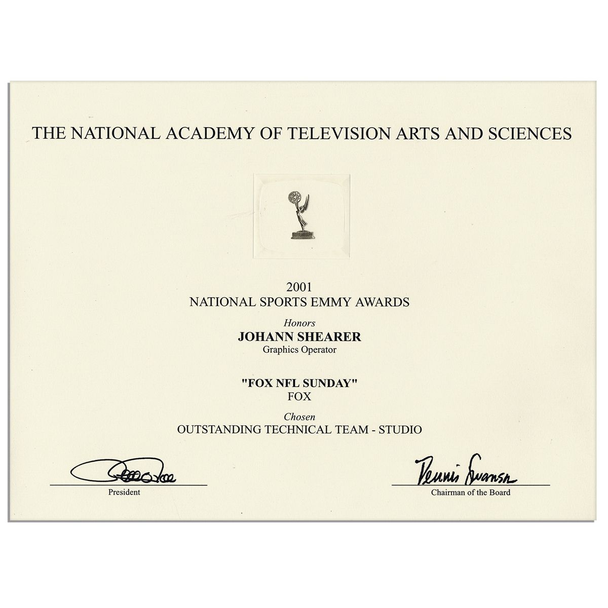 Official 2001 Sports Emmy Award Certificate
