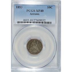 1853 SEATED DIME PCGS XF 40