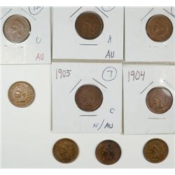 1900 THRU 1908-P INDIAN CENTS, XF/AU OR AU