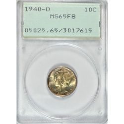 1940-D MERCURY DIME, PCGS MS-65 FB RATTLER HOLDER