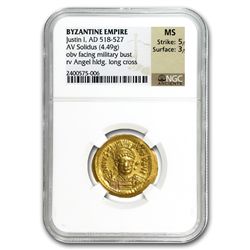 Byzantine Gold Solidus (Justin I) 518-527AD NGC MS