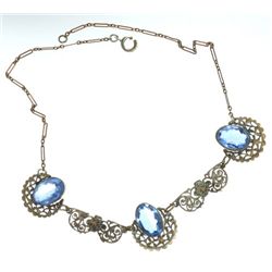 Vintage Victorian Necklace, 16" long, Blue rhinestone, silvertone metal.