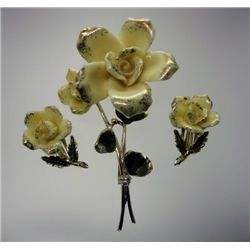 Vintage Signed Coro Porcelain Flower Pin and Matching clip back earrings