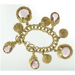 Sea Shell Themed Vintage Charm Bracelet, 7" long, Purple Plastic "stone"