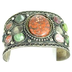 Vintage wide cuff bracelet with stones.Silver tone metal.