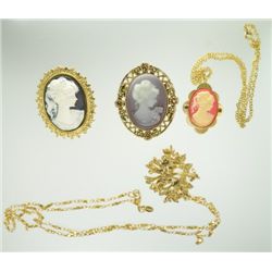 Vintage Lot of more contemporary Cameos - 2 pins & one necklace.