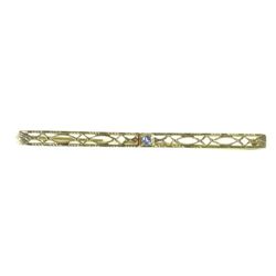 Sweet Art Deco 18K White gold Bar Pin with small blue stone. Amazing  filigree!