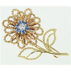 Estate 14k Yellow Gold Sapphire & Diamond Flower Pin STUNNING!