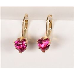 Pre-owned 14k yellow gold Heart shaped Created Ruby pierced earrings.