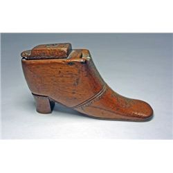 Antique Hand Carved Wood Brass Shoe Pill/Snuff Box 1800's