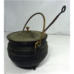 Vintage Cast Iron Fire Starter Pot with Lid & Wand