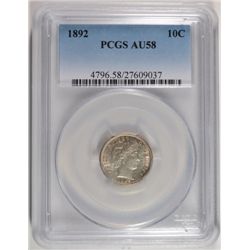 1892 BARBER DIME PCGS AU 58