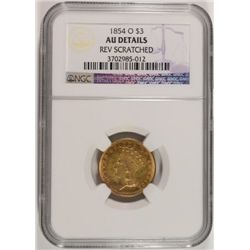 1854-O $3.00 GOLD NGC AU DETAILS