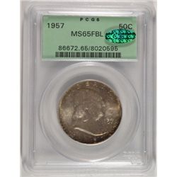 1957 FRANKLIN HALF DOLLAR, PCGS GREEN LABEL MS-65 FBL  CAC STICKER!  RARE!