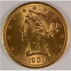 1901-S $5.00 GOLD LIBERTY, MS-65 GEM, MARK FREE, SUPER LUSTER!!