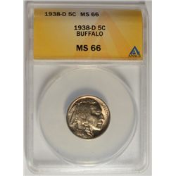 1938-D BUFFALO NICKEL, ANACS MS-66 SUPERB