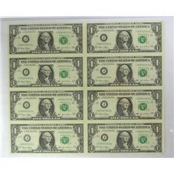 UNCUT SHEET OF 8 2003 $1.00 FEDERAL RESERVE NOTES