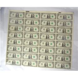 UNCUT SHEET OF 32 $1988 $1.00 FEDERAL RESERVE NOTES