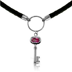 14K White Gold .50ct Pink Topaz Key Leather Necklace