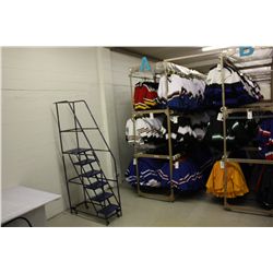 APROX. 50' LONG DOUBLE SIDED ROLLING 3 LEVEL CLOTHING RACK