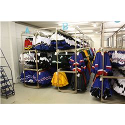 APROX. 50' LONG DOUBLE SIDED ROLLING 3 LEVEL CLOTHING RACK