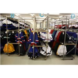 APROX. 50' LONG DOUBLE SIDED ROLLING 3 LEVEL CLOTHING RACK