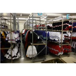 APROX. 50' LONG DOUBLE SIDED ROLLING 3 LEVEL CLOTHING RACK