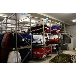 APROX. 50' LONG DOUBLE SIDED ROLLING 3 LEVEL CLOTHING RACK