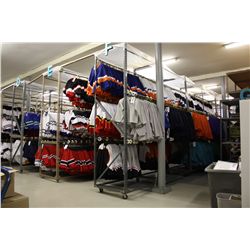 APROX. 50' LONG DOUBLE SIDED ROLLING 3 LEVEL CLOTHING RACK