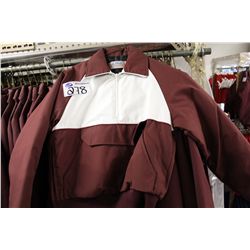 LOT OF QUILTED BURGANDY/WHITE JACKETS. 109 TOTAL