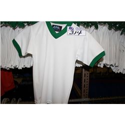 LOT OF 295 WHITE/GREEN JUNIOR SOCCER JERSIES