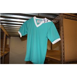 LOT OF 45 TEAL/WHITE JUNIOR SOCCER JERSIES