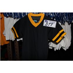 LOT OF 37 BLACK/YELLOW JUNIOR SOCCER JERSIES