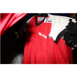 LOT OF 123 RED/WHITE/BLACK JUNIOR SOCCER JERSIES