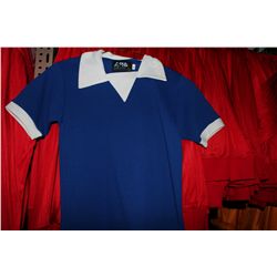 LOT OF 123 BLUE/WHITE JUNIOR SOCCER JERSIES