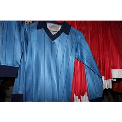 LOT OF 152 BLUE STRIPED SOCCER JERSIES