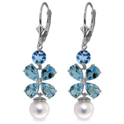 14K WG 3.25ct&1.03ct BLUE TOPAZ&2.0ct PEARL EARRING