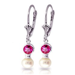 14k WG  Bezel 1.20ct Pink Topaz with 1.50ct Pearl Earrings