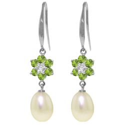 14k Pearl, Peridot with Diamond Fish Hook Earrings