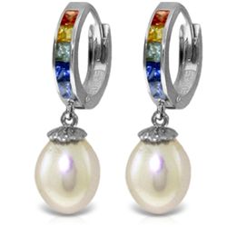 14K White Gold 8.0ct Pearl & MultiColor Sapphire Earring