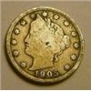 Image 1 : 1905 LIBERTY "V" NICKEL RED BOOK VALUE IS $3.00+ *NICE EARLY VERY GOOD GRADE*!!