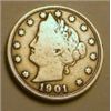 Image 1 : 1901 LIBERTY "V" NICKEL RED BOOK VALUE IS $3.00+ *NICE EARLY VERY GOOD GRADE*!!