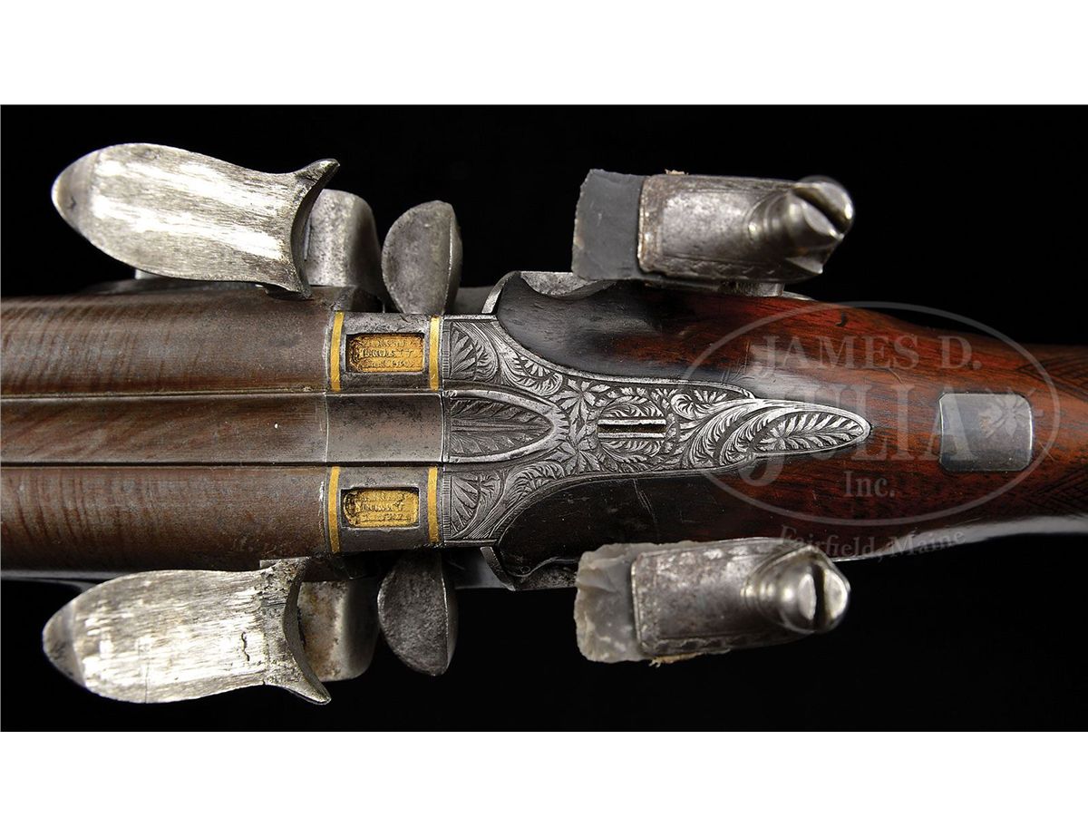 JOSEPH MANTON 18 BORE DOUBLE FLINTLOCK GAME GUN WITH CASE.