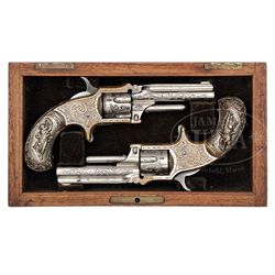 CASED PAIR OF MARLIN 'XXX STANDARD 1872' PISTOLS WITH DEGRESS PATENT GRIPS.