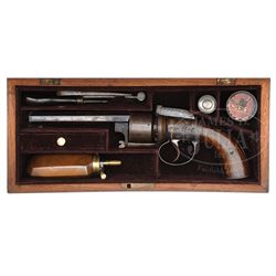 RARE CASED & ENGRAVED CHARLES GOLDEN BAR HAMMER, OPEN TOP PERCUSSION REVOLVER.